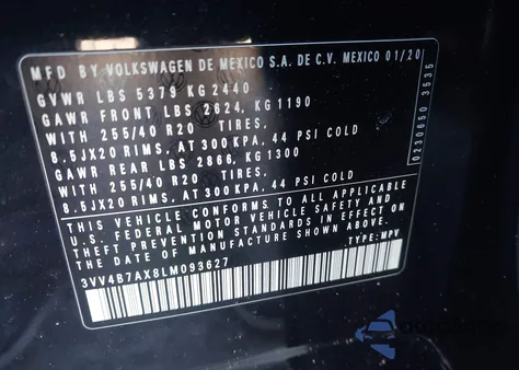 2020 Volkswagen Tiguan 2.0T Sel Premium R-Line z USA, uszkodzony, nr VIN 3VV4B7AX8LM093627